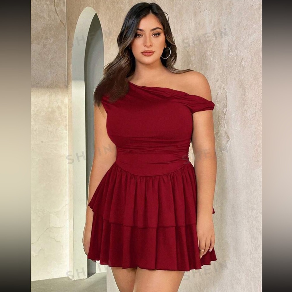 Plus Size Asymmetrical Slope Neck Mini Dress.      Holiday Date Outfit